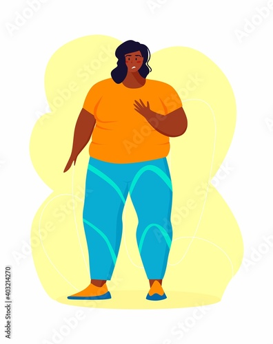 A young african american obese woman doing exercise. A girl working in sweat to get rid of belly fat. Obesity.