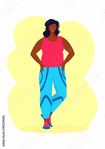 A young african american obese woman doing exercise. A girl working in sweat to get rid of belly fat. Obesity. © Helen