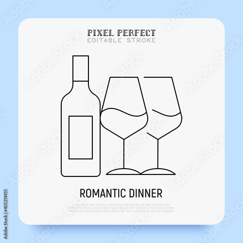 Romantic dinner for two person in Valentine's day. Wine bottle and two glasses super thin line icon. Pixel perfect, editable stroke. Vector illustration.