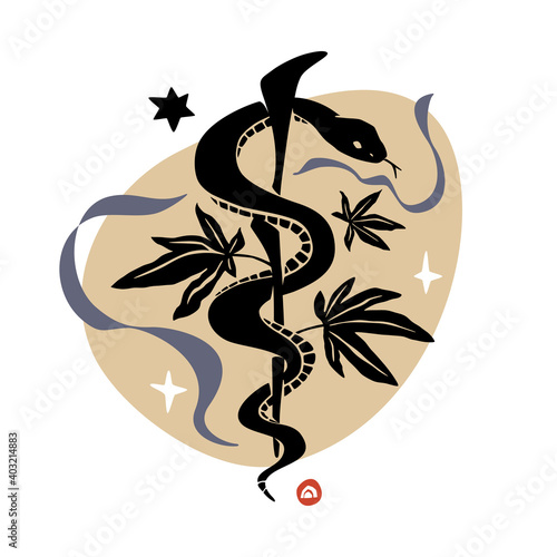 Rod Of Asclepius With Snake And Hemp Leaves