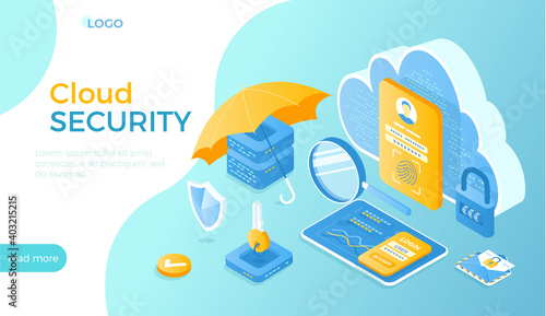 Cloud Security, Data Protecting. Safe hosting service, authorization, identification. Secure backup exchange. Isometric vector illustration for website.