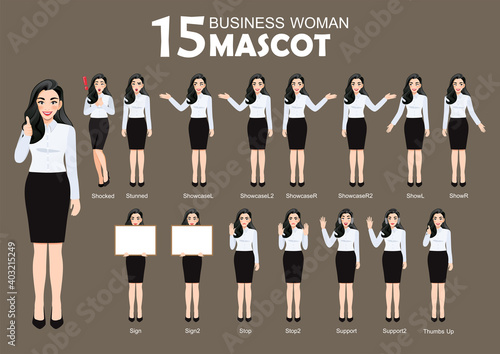 15 Business Woman Mascot, cartoon character style poses set vector illustration