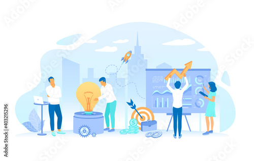 People put puzzles into a big light bulb. Social Innovation, Idea, Strategy, Technology, Communication, Teamwork, Work together. Working process, teamwork communication. Vector illustration