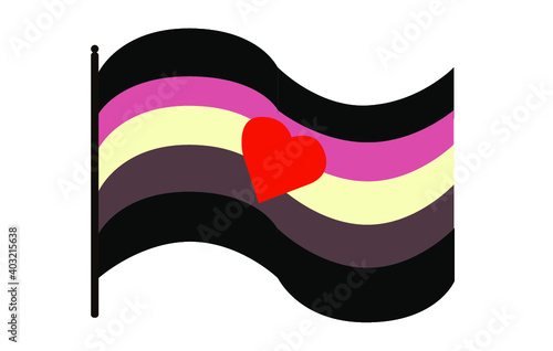 Vector illustration of waving fat fetishism pride flag on white background: vanilla, strawberry, chocolate and black coloured horizontal stripes and a red heart in the centre of the flag. 