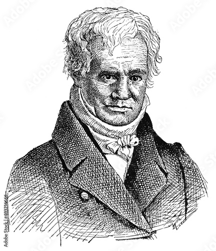 Portrait of Alexander von Humboldt - a German polymath, geographer, naturalist, explorer, and proponent of Romantic philosophy and science. Illustration of the 19th century. White background.