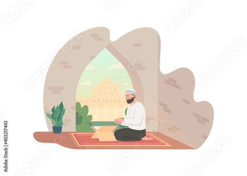 Praying with quran 2D vector web banner, poster. Hindu tradition. Worship and faith. Man reading koran flat characters on cartoon background. Muslim religion printable patch, colorful web element