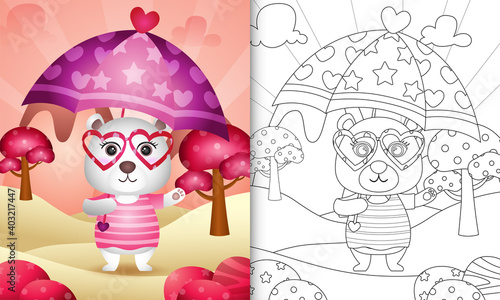 coloring book for kids with a cute polar bear holding umbrella themed valentine day