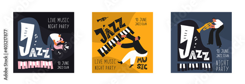 Music set of a jazz orchestra. Musicians play jazz instruments. Stylish jazz lettering. Vector music logos for printing products