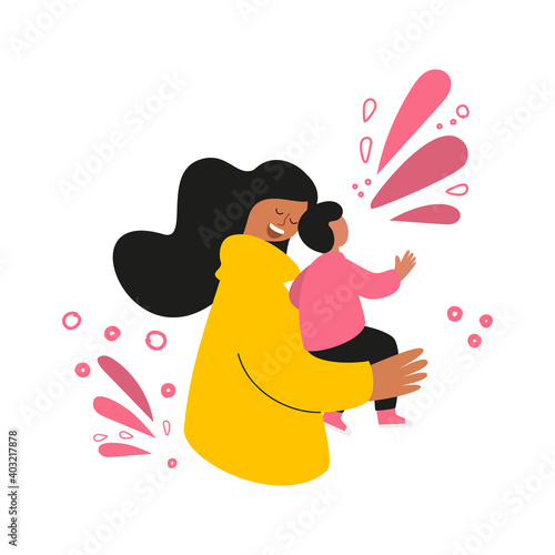 Happy mother with a baby in her arms. Concept for a mother's day greeting card. Vector illustration with women and children. Design element for postcards, posters, banners, and other uses.