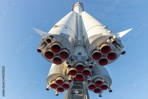 Space. Soviet space rocket close up.