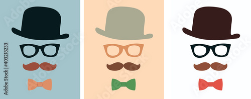 A set of portraits (outline) of a man with a mustache in a hat, glasses and a bow tie on a blue, beige and white background. Can be used as a greeting card, poster or logo.