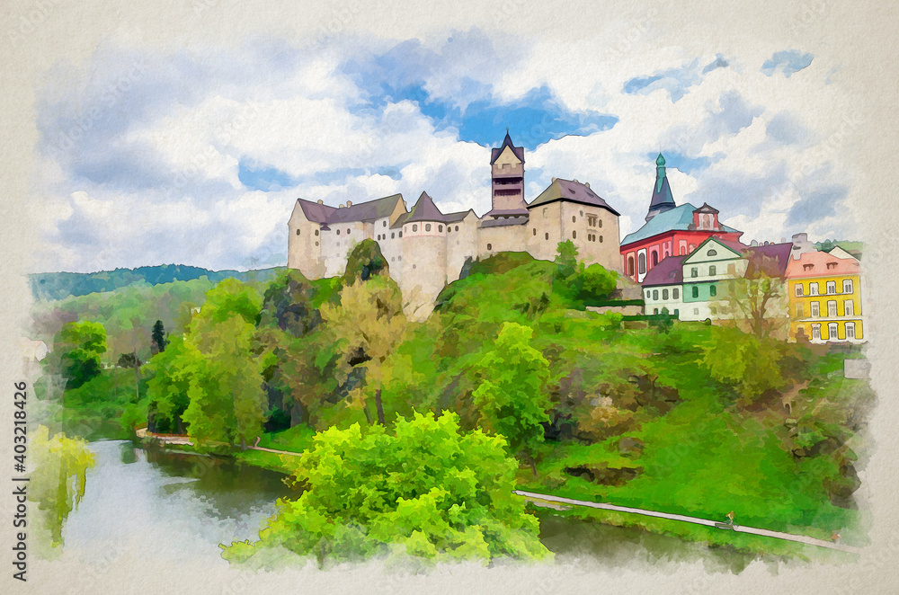 Naklejka premium Watercolor drawing of Loket Castle Hrad Loket gothic style building on massive rock over Eger river and colorful buildings in Loket town