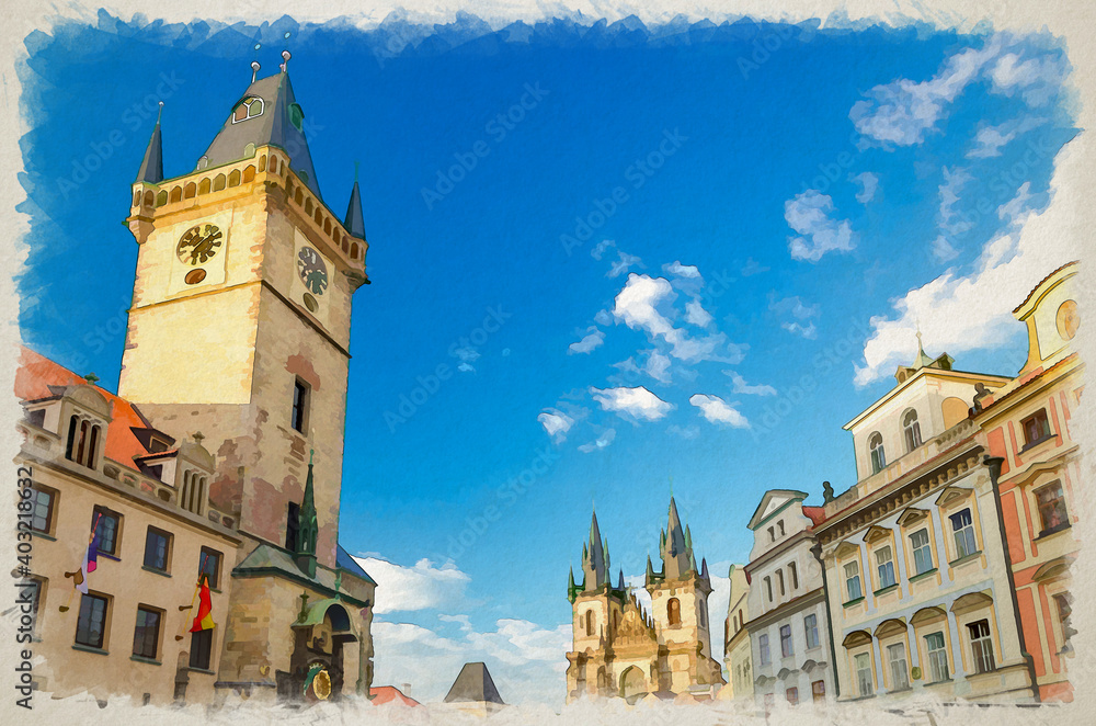 Watercolor drawing of Prague Old Town Square (Stare Mesto) historical city centre with Astronomical Clock Orloj and Tower of Old Town City Hall