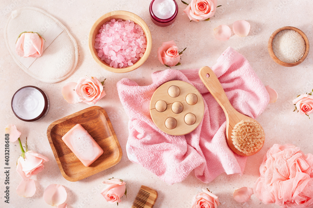 skincare products and rose flowers. natural cosmetics for home spa treatment skincare products and rose flowers. natural cosmetics for home spa treatment