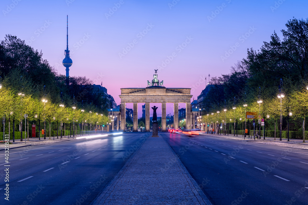 Brandenburg gate and tv tower at dusk, Berlin, Germany