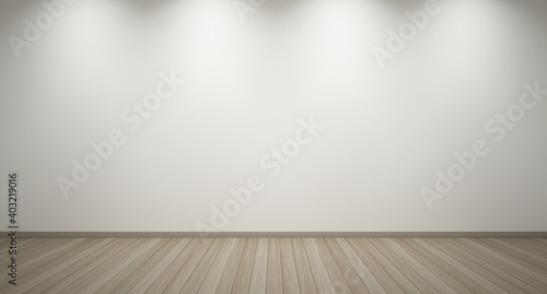 3d rendering of interior. Empty white wall with downlight and light wooden floor. Minimal design. Empty interior background.