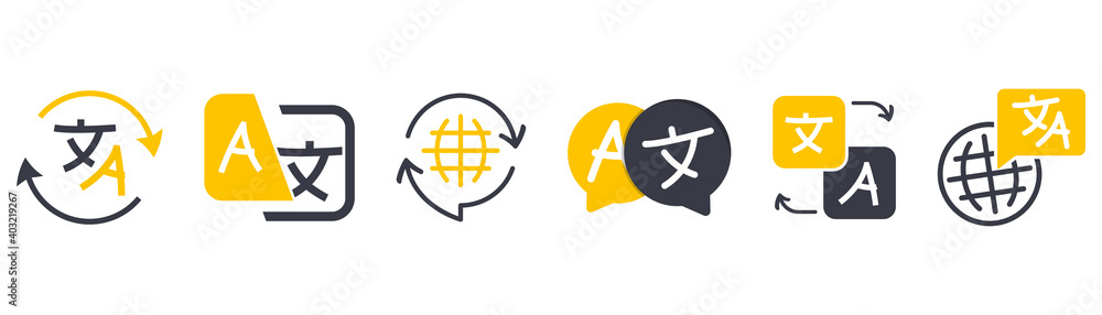 Set of icon for translator app. Chat bubbles with language translation icons in different styles. Online multi language translator. Translation app icon. Online Translator. Multilingual communication Set of icon for translator app. Chat bubbles with language translation icons in different styles. Online multi language translator. Translation app icon. Online Translator. Multilingual communication