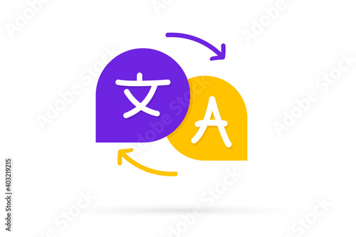 Chat bubbles with language translation icons. Online multi language translator. Translation app icon. Online Translator. Multilingual communication. App icon for Dialogue between foreign people