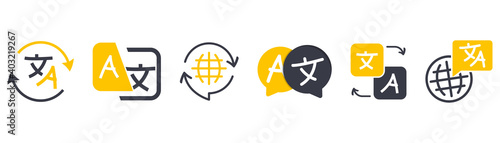 Set of icon for translator app. Chat bubbles with language translation icons in different styles. Online multi language translator. Translation app icon. Online Translator. Multilingual communication photo