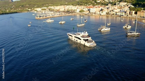 Aerial view, flight at Andratx, Port d'Andratx, coast and natural harbor at dusk, Malloca, Balearic Islands, Spain photo