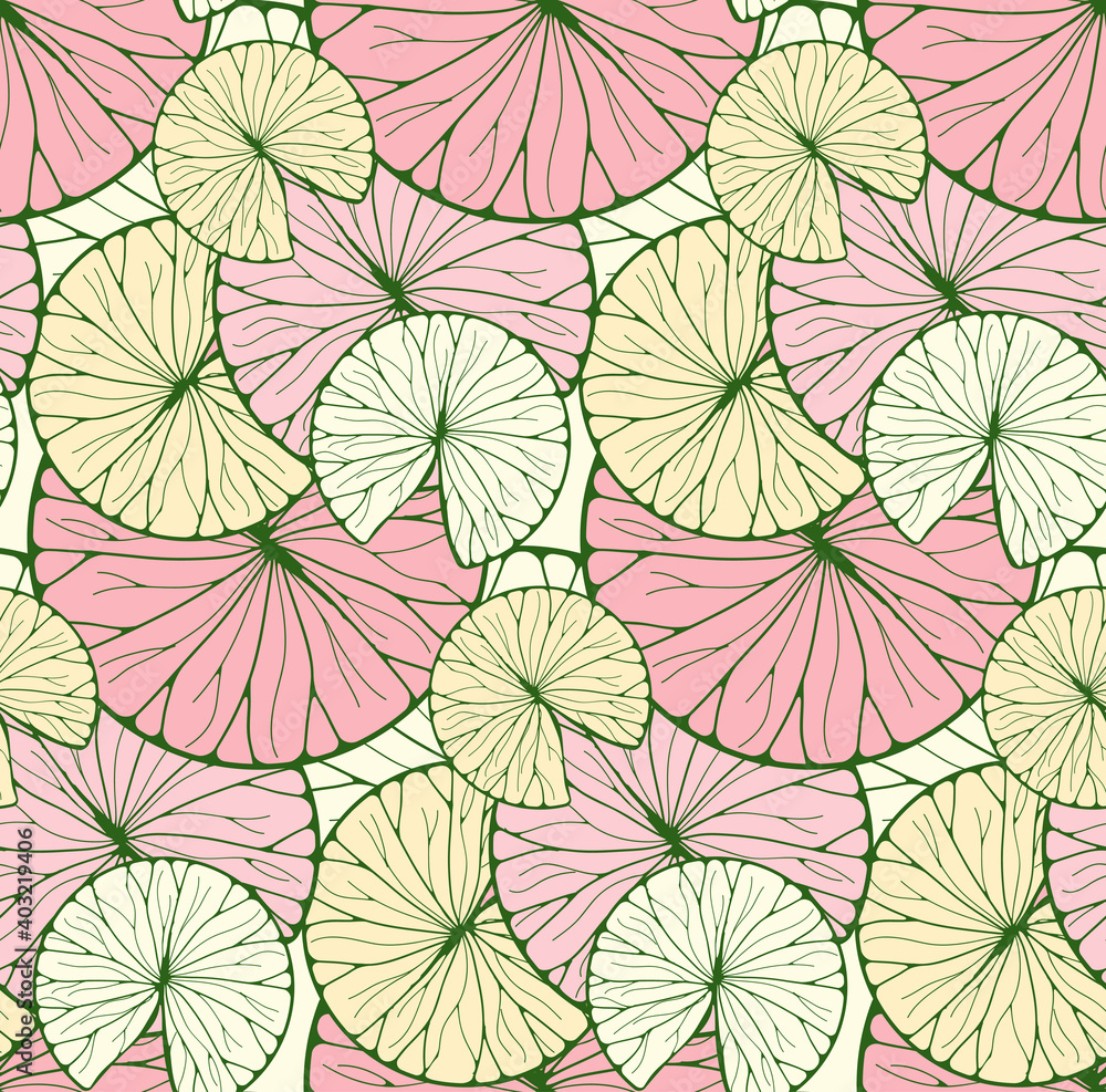 waterlilies leaves seamless pattern pale pink ivory green
