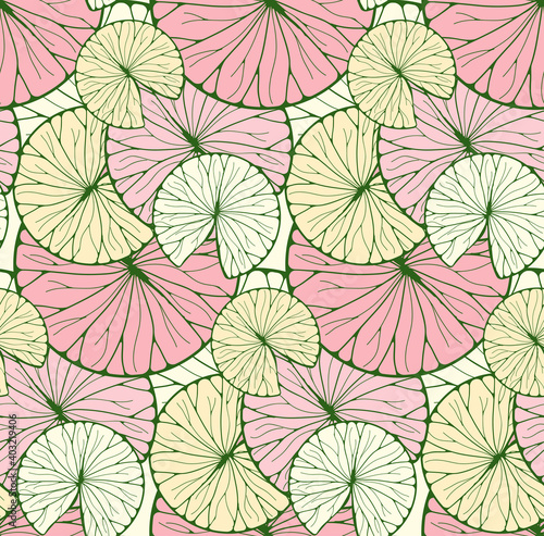 waterlilies leaves seamless pattern pale pink ivory green