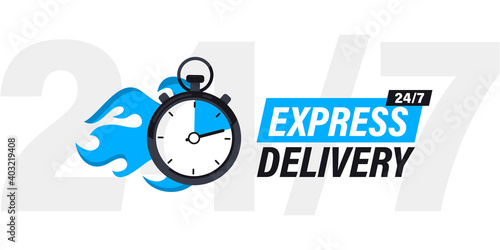 Speeding stopwatch on fire with inscription express delivery. Sticker, Fast delivery. Timer and express delivery. Urgent shipping services. Online delivery, quick move. fast distribution service 24/7