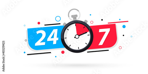 Stopwatch icon, 24/7 service. 24-7 open concept vector illustration. 24/7 Hours a day service icon. 24 hours a day and 7 days a week. Support service Vector stock illustration. Twenty four hour open