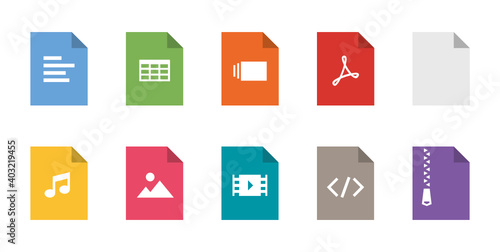 File types flat icon set. Vector file format pictograms pack.
