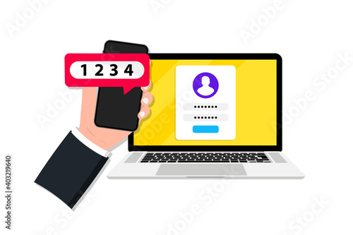 Two factor or multi factor authentication in smartphone and laptop. Duo verification. Verify permission request. 2FA password secure notice login verification with push code sms. Two step identity