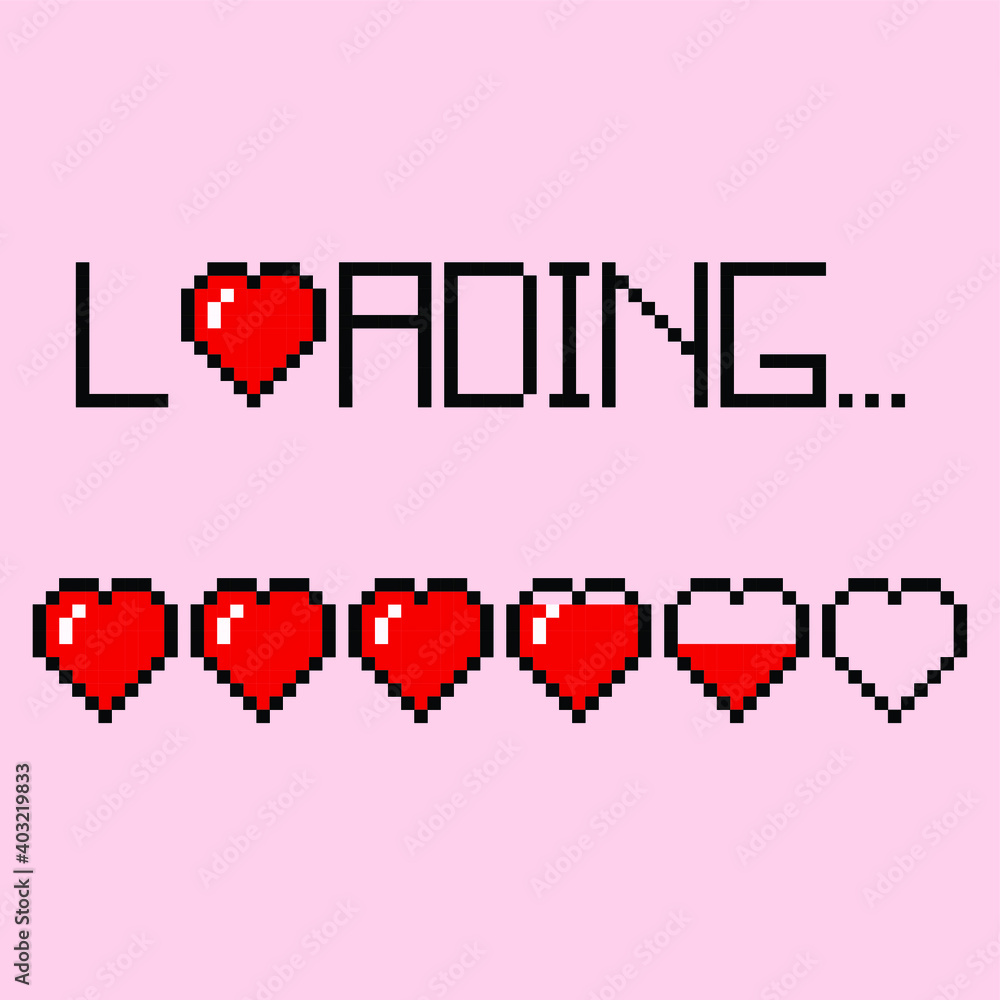 Fototapeta premium Love loading with hearts load. Illustration design in pixels art.