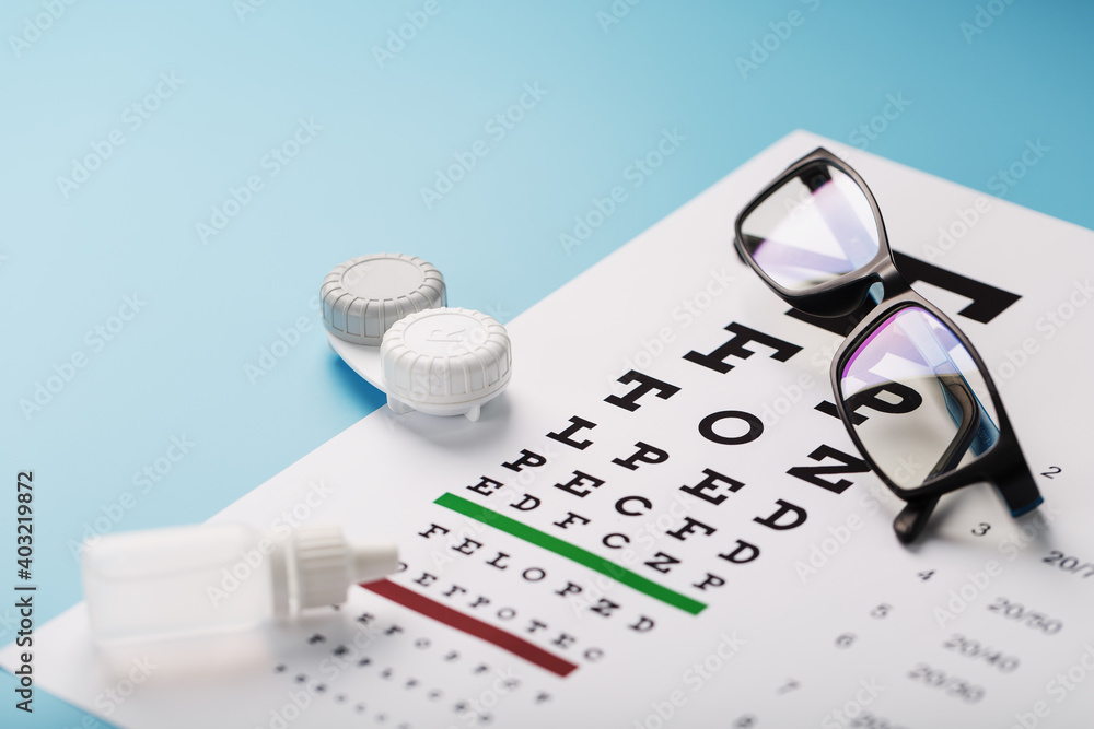 Fototapeta premium Vision checks and prevention, glasses, lenses and drops for vision correction on a blue background