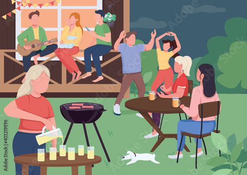 Outdoor party with friends flat color vector illustration. Summer near home activites. Making barbeque. Singing songs and dancing. Friendship 2D cartoon characters with house on background