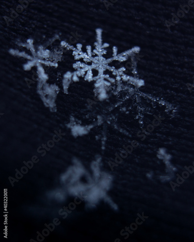 Macro photo of a snowflake close up. The concept of winter, cold, beauty of nature. Space for text.