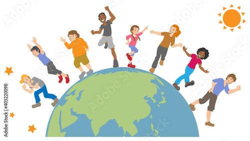 多国籍の人々　家族　地球で踊る