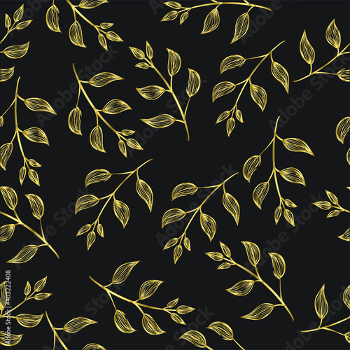 Golden hand drawn flower leafs pattern design for wallpaper, textile, background