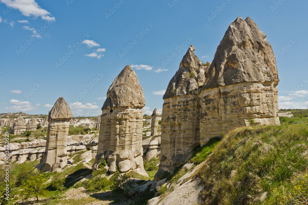 Panorama of Love valey with magnificent stone structures near Goreme at Cappadocia, Anatolia, Turkey