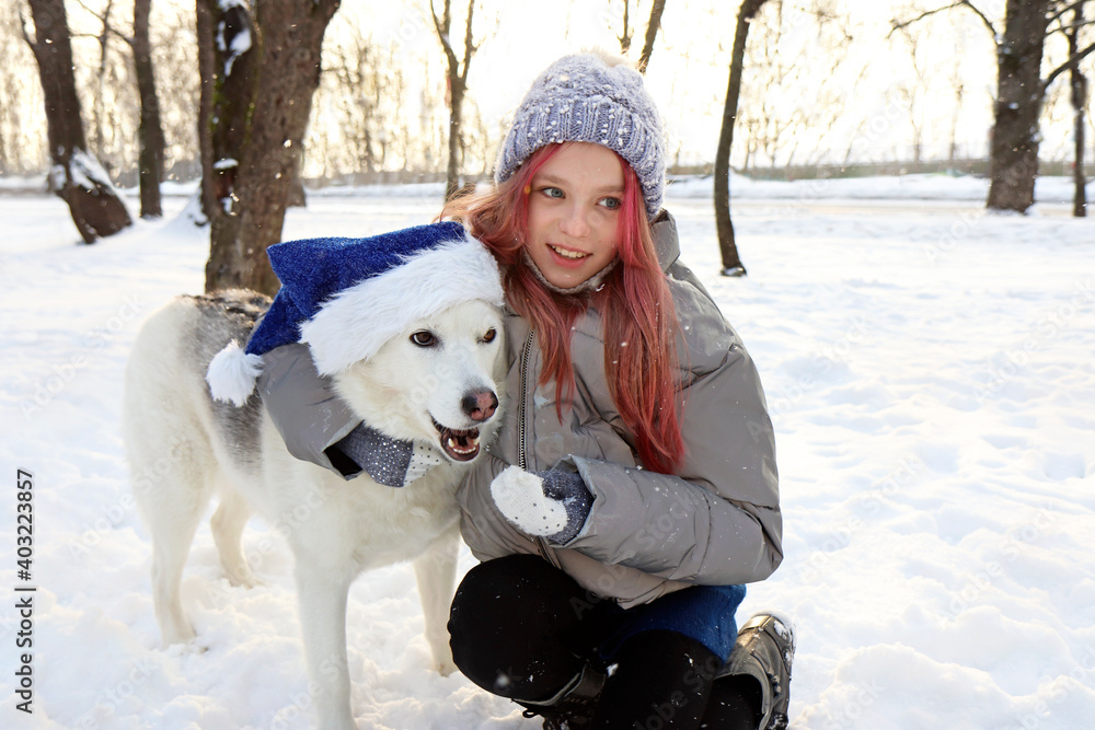The girl happily communicates with the dog in the hat of Santa Claus in nature in winter. The girl happily communicates with the dog in the hat of Santa Claus in nature in winter.