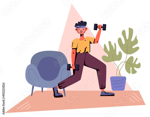 Morning activity for healthy lifestyle. Home training exercises with dumbbell. Happy man. Flat design Illustration. Vector.
