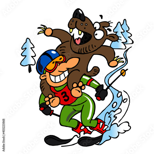 Downhill skier racing with a Grizzly bear sitting on his back, sport joke, color cartoon