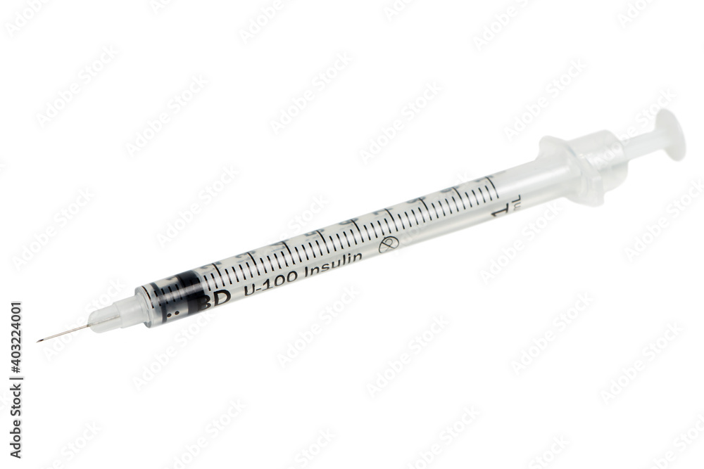 One Medical single use syringe with human insulin ready for injection isolated on a white background One Medical single use syringe with human insulin ready for injection isolated on a white background