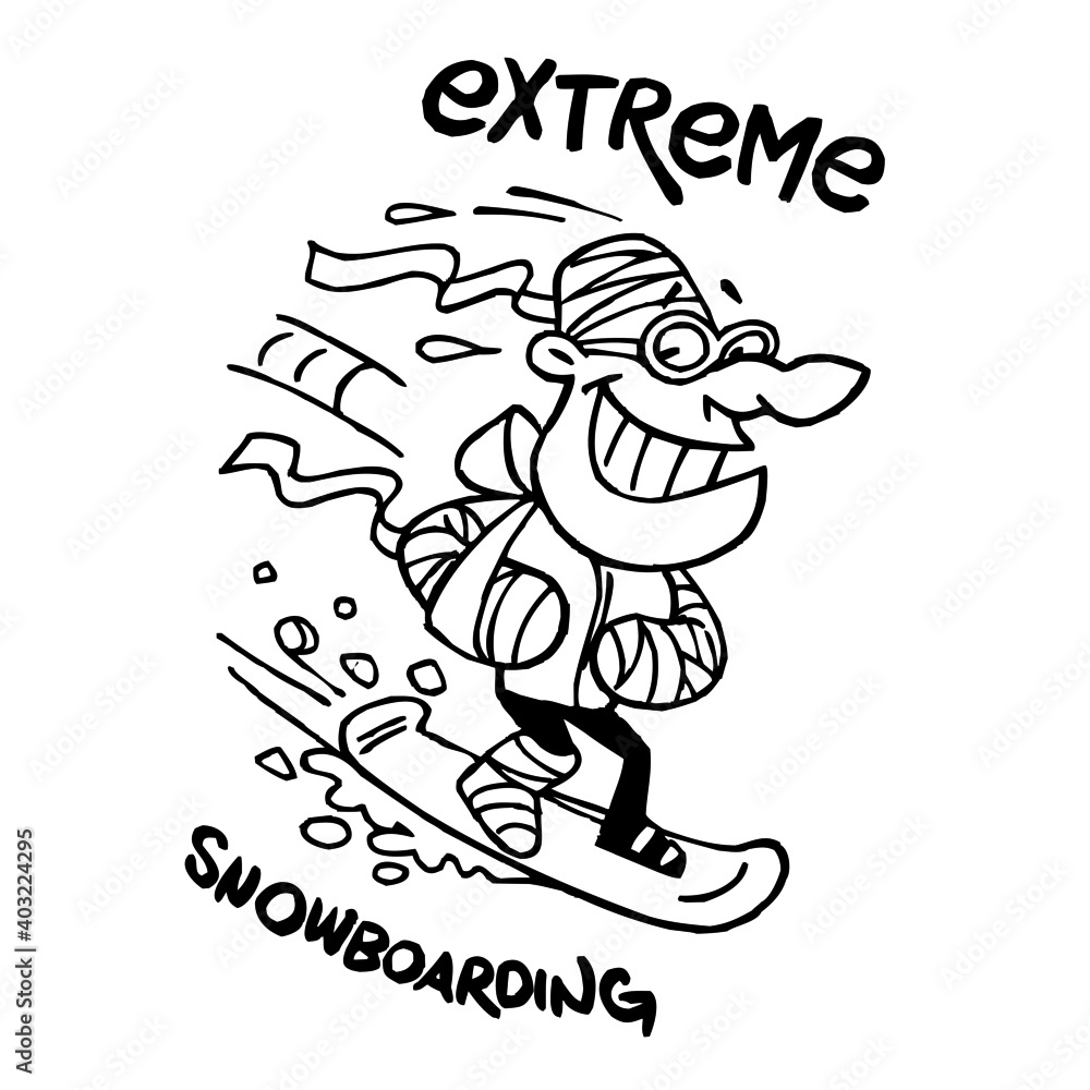 Extreme snowboarding, broken snowboarder in plaster with a bandage on his head goes downhill on a snowboard, winter sport joke, black and white cartoon Extreme snowboarding, broken snowboarder in plaster with a bandage on his head goes downhill on a snowboard, winter sport joke, black and white cartoon
