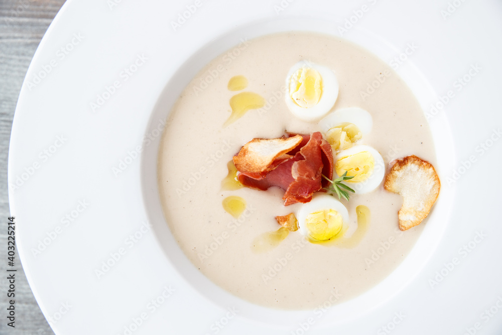 Mushroom soup with egg and bacon Mushroom soup with egg and bacon