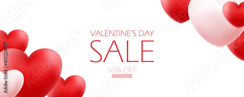 Valentines Day Sale promotional background with red and pink hearts for holiday shopping. 14 february holiday discount banner. Vector illustration.