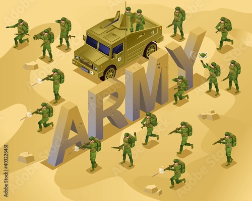 Attack Soldiers of Modern Army and isometric word Army illustration isometric icons on isolated background