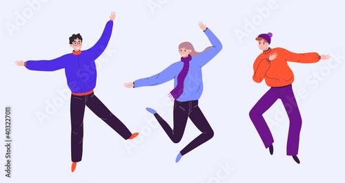Happy dancing people isolated on gentle purple background. Exciting music party  disco  dancing cartoon images of people. Vector illustration