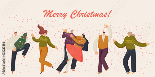 Christmas and people celebrates. Merry Christmas and Happy New Year site with human characters. People are celebrating a New Year's party. Vector illustraton