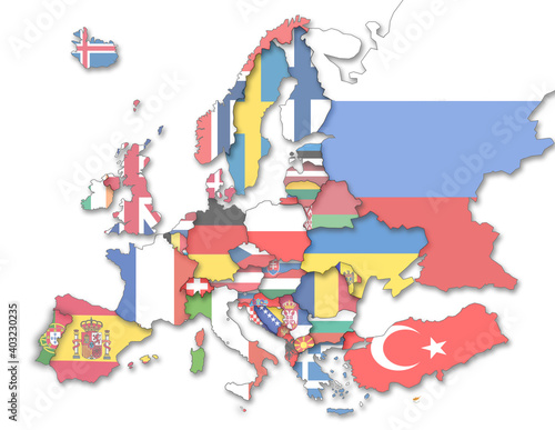 3D Europakarte inkl. Zwergstaaten mit transparenten Flaggen der Staaten auf weißem Hintergrund