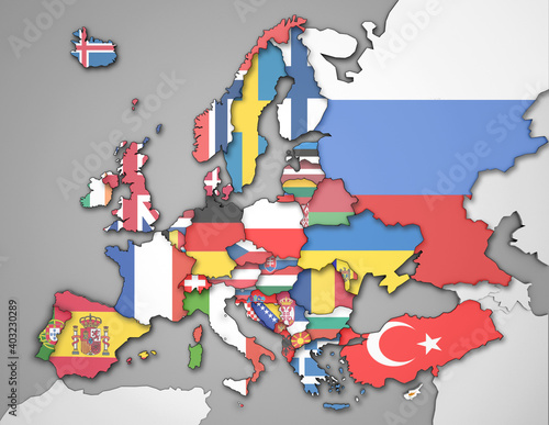 3D Europakarte inkl. Zwergstaaten mit transparenten Flaggen der EU Staaten und restlicher Staaten auf kontrastreicher Karte