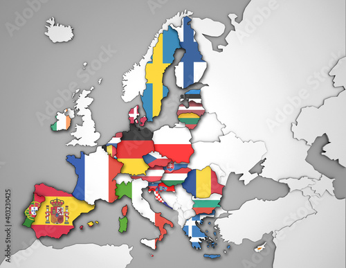 3D Europakarte inkl. Zwergstaaten mit (80% Transparenz)Flaggen der EU Staaten auf kontrastreicher Karte